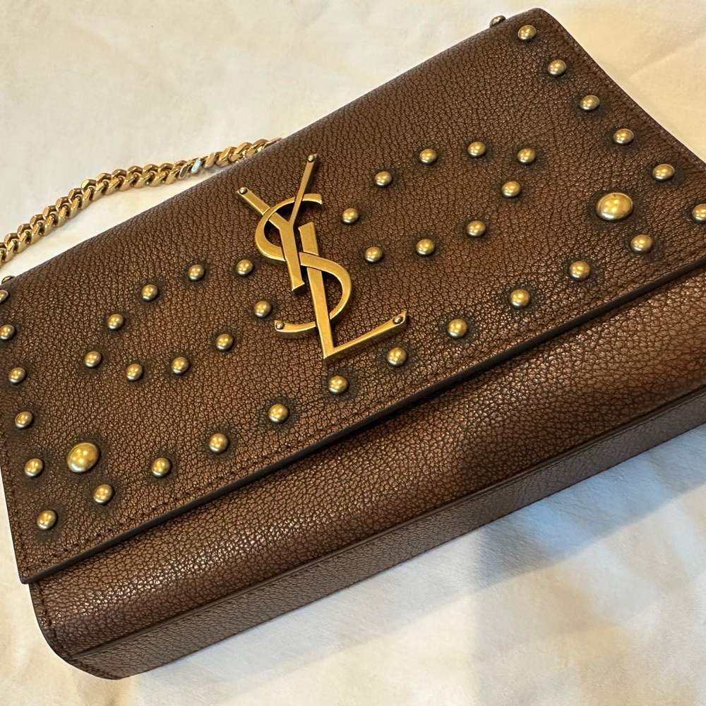Yves Saint Laurent Brown Leather Bag with Gold Studs
